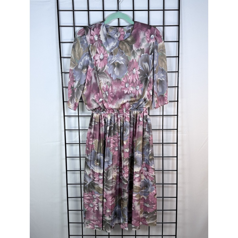 Vtg MCS Ltd.‎  Floral Pleated Blouson Midi Dress Womens 8 Pink Gray 80s Easter